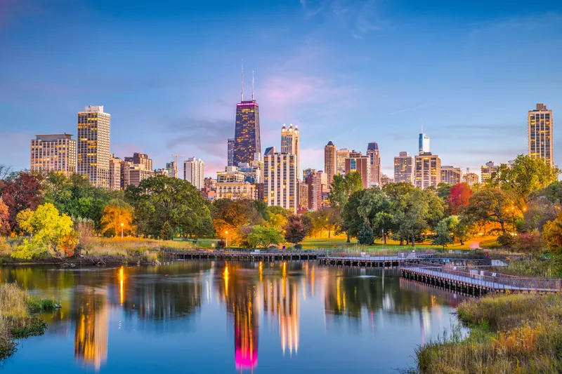 The Chicago skyline across the lagoon in Lincoln Park on an autumn day